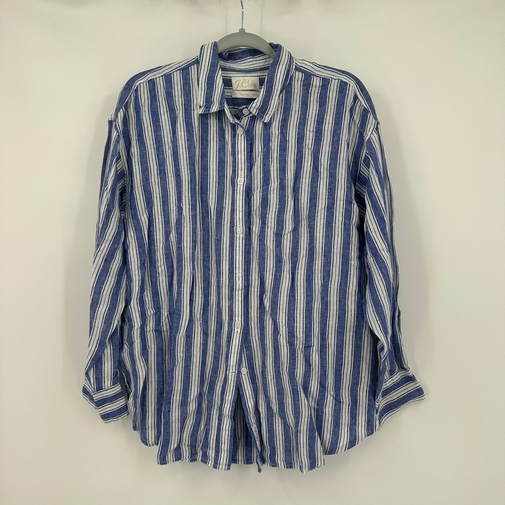 J Crew Womens Nautical Linen Top Size 12 Blue White Striped Preppy Coastal